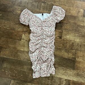 Zalful Scrunch Cinched Floral Mini Dress Puff Sleeve